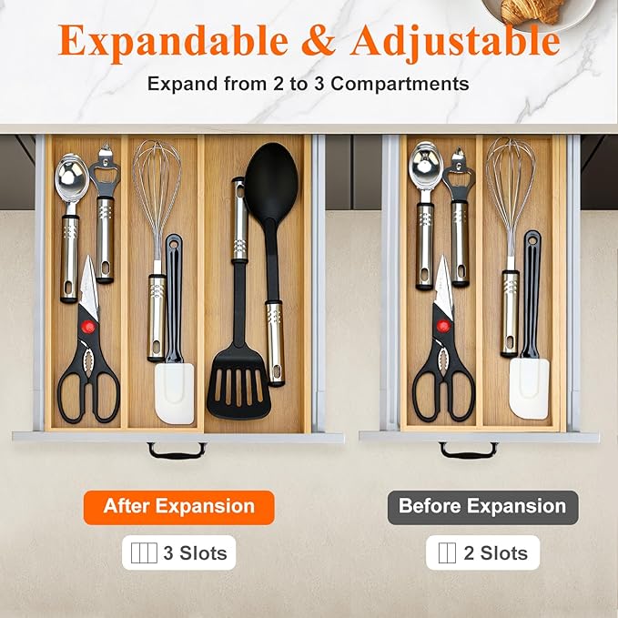 Large Bamboo Kitchen Utensil Drawer Organizer Expandable Silverware Tray | Big Cooking Utensil Drawer Divider Spoon Flatware Organizer Storage Adjustable Wooden Cutlery Holder Tool Knife Spatula Tray - Image 4