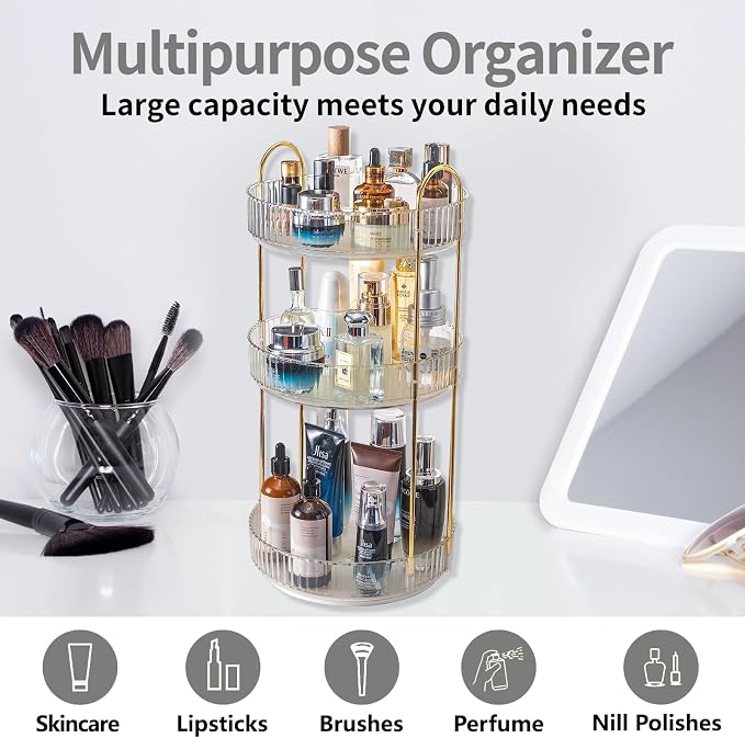 Asayuee 360 Rotating Makeup Organizer,3 Tier Large Capacity Make Up Organizers and Storage,Skincare Perfume Vanity Organizers,Bathroom Cosmetics Storage Organizer Countertop (Clear-3 Tier) - Image 7