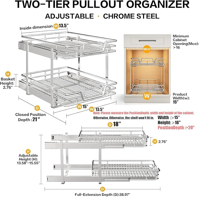 2-Tier Kitchen Cabinet Pull Out Shelf and Drawer Organizer Slide Out Pantry Storaqe Basket in Multiple Sizes (15" W x 21" D) - Image 2