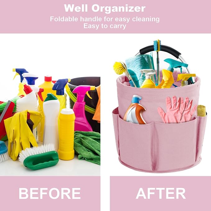 Cleaning Caddy with Handle, Cleaning Products Organiser, 17L Foldable Storage Basket, Cleaning Caddy Organiser, Portable Multi Cleaning Bucket Bag for Home, Garden (Pink) - Image 3