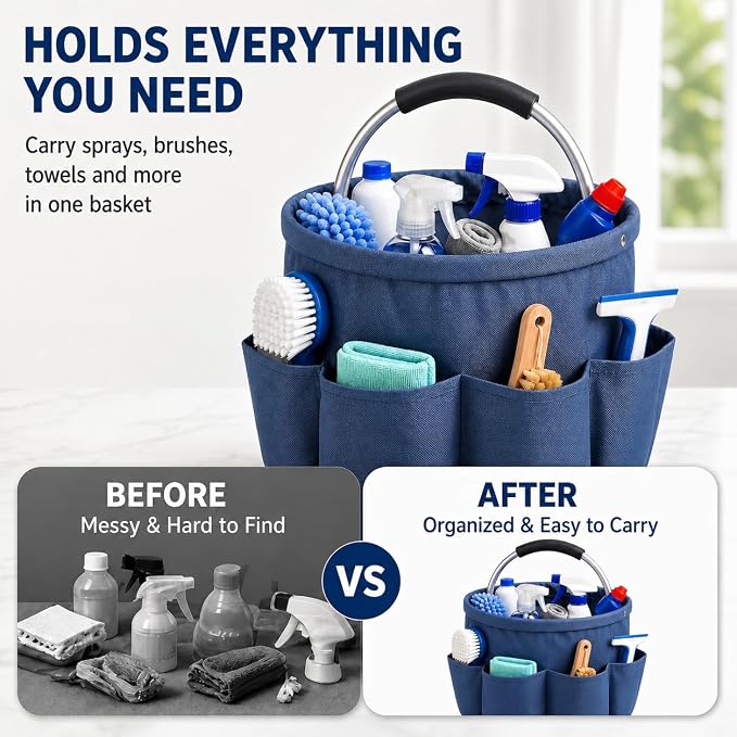 Cleaning Caddy with Handle, Large Supply Organiser 17L with 6 Pockets, Cleaning Products Organiser, Foldable Storage Basket, Portable Cleaning Caddy for Home (Blue) - Image 2