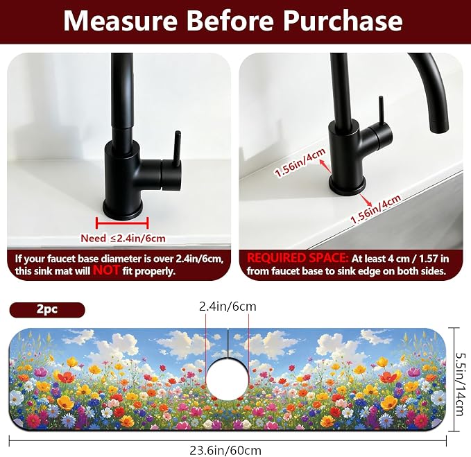2 Pcs Kitchen Sink Splash Guard Faucet Mat Oil Painting of a Flower Bush Faucet Mat for Sinks Absorbing Drying Mats for Kitchen Bathroom, 23.6x5.5inch - Image 2
