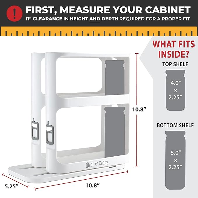 Spice Rack Organizer for Cabinet, Pull & Rotate, 2-Tier | Double-Decker Shelves, 10.8"H x 5.25"W x 10.8"D, Modular Side-By-Side, Non-Skid Feet, Stick-On Labels, Sturdy Build - Image 2