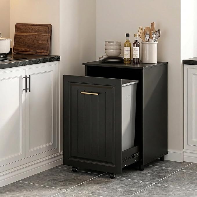 ZIFTY 10 Gallon Pull Out Trash Can Cabinet Kitchen, Laundry Hamper, Black | Freestanding Kitchen Cabinet, Hidden Waste Bin, Pet Proof, Wooden Garbage Recycling, Modern Farmhouse Waste Bin Furniture - Image 2