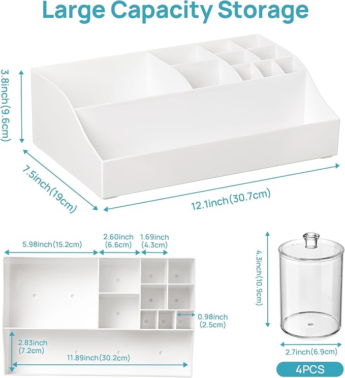 Vtopmart 5 PCS Bathroom Countertop Organizer Sets, White | 1 Divided Tray with 4 Qtip Holder Jars, For Toothbrush, Cotton Pads Balls, Floss, For Bathroom Countertop - Image 2