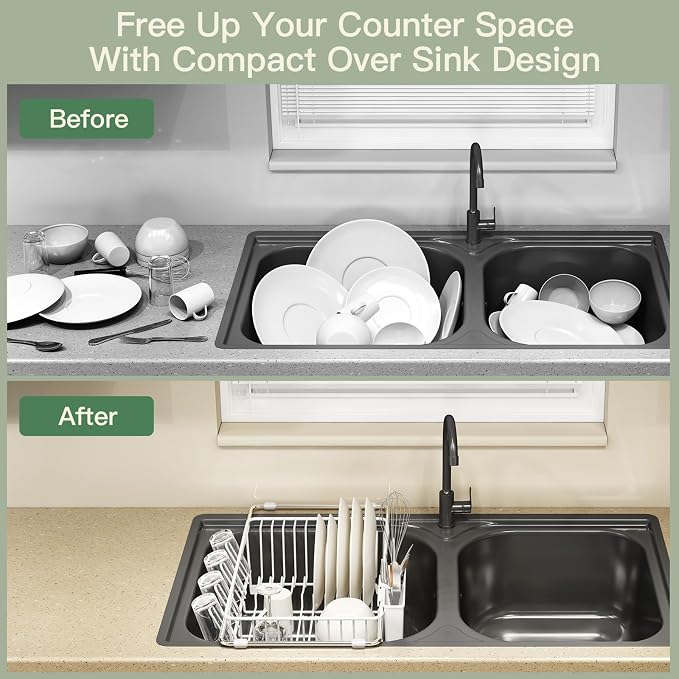 White Dish Drying Rack Over The Sink with Utensil Holder | Expandable Stainless Steel Dish Drainer for Small Kitchen, Apartment, RV, Counter Space Saving, Perfect Fit, Rustproof - Image 2