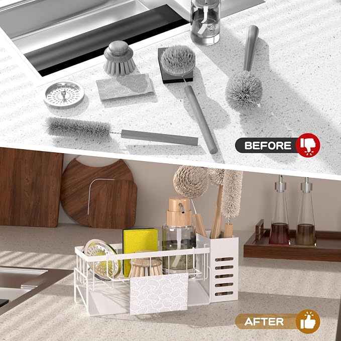 304 Stainless Steel Over Sink Caddy Sponge Soap Organizer White | Auto sloped drainage with removable tray, 3 divided spaces for sponge & soap, rustproof steel, no installation needed - Image 6