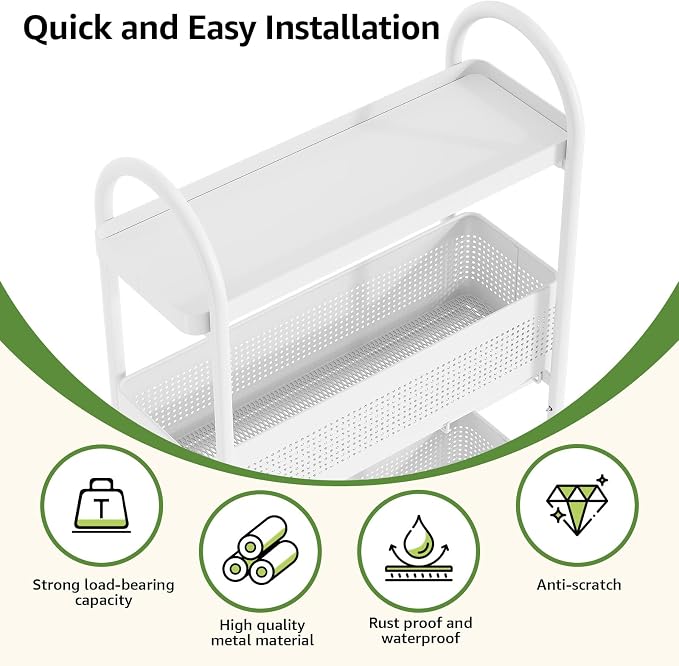 KINGRACK 5 Tier Slim Rolling Cart with Drawer, Metal Utility Storage Cart | 4 Pull-out Baskets, Lockable Wheels, Narrow Space Trolley Organizer for Bathroom, Kitchen, Office, Dorm, Laundry Room, White - Image 6