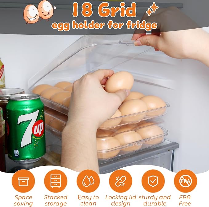 Egg holder for fridge - deviled egg containers with lid, Clear Stackable Plastic Egg Holder, Space-Saving 18 Egg refrigerator Organizer (Clear, Pack of 01) - Image 4