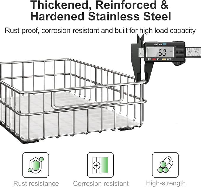 Pull out Cabinet Organizer, Stainless Steel 2-Pack Slide out Drawer with Silent Full-Extension Slides, Adhesive Roll out Can Spice Storage Basket Shelf Rack for Pantry, Kitchen, Bathroom, Home Closet - Image 3