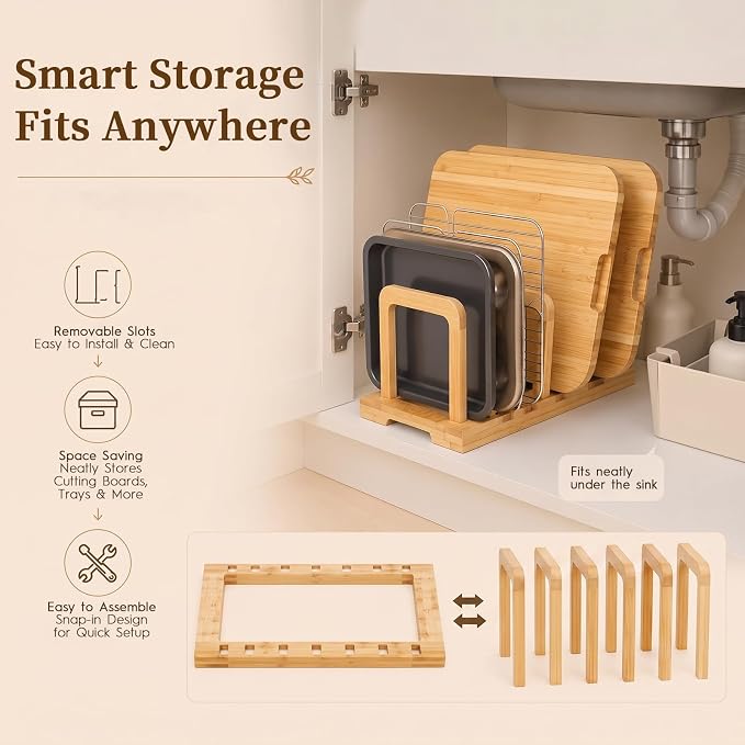 5-Slot Adjustable Cutting Board Rack,Bamboo Cutting Board Organizer Stand Holder,Chopping Board Holder,Pot Pan Lid Rack kitchen Shelf Bakeware for Kitchen Storage - Image 6
