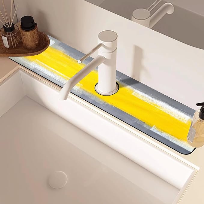 Kitchen Faucet Mat Grey and Yellow Abstract Geometric Sink Splash Guard Behind Faucet Draining Mat Kitchen Accessories Non-slip Easy to Clean for Bathroom & Kitchen 24"X5.5" - Image 5