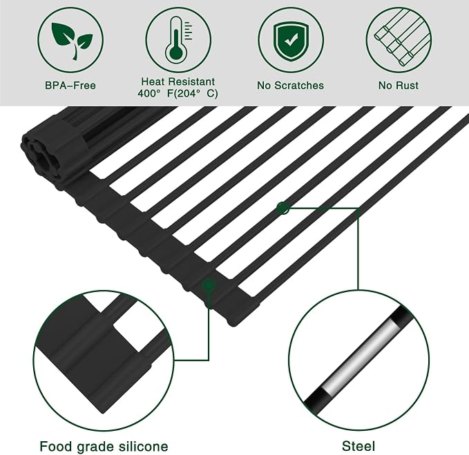 HANZENMA Roll Up Dish Drying Rack Over The Sink Kitchen Roll Up Sink Drying Rack Multipurpose Foldable Sink Drying Mat, Heat-Resistant, Anti-Slip & Anti-Rust Dish Rack for Kitchen, 17" x 13", Black - Image 4
