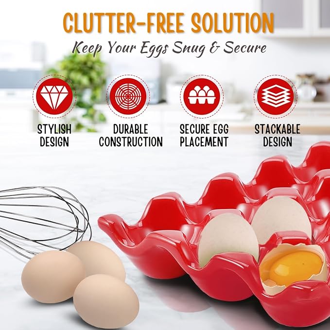 Flexzion 12 Cups Ceramic Egg Holder for Fridge - Dozen Ceramic Egg Tray Porcelain Container Storage Organizer Decorative Serving Stand Serveware for Refrigerator Countertop Display (Red, 2 Pack) - Image 4