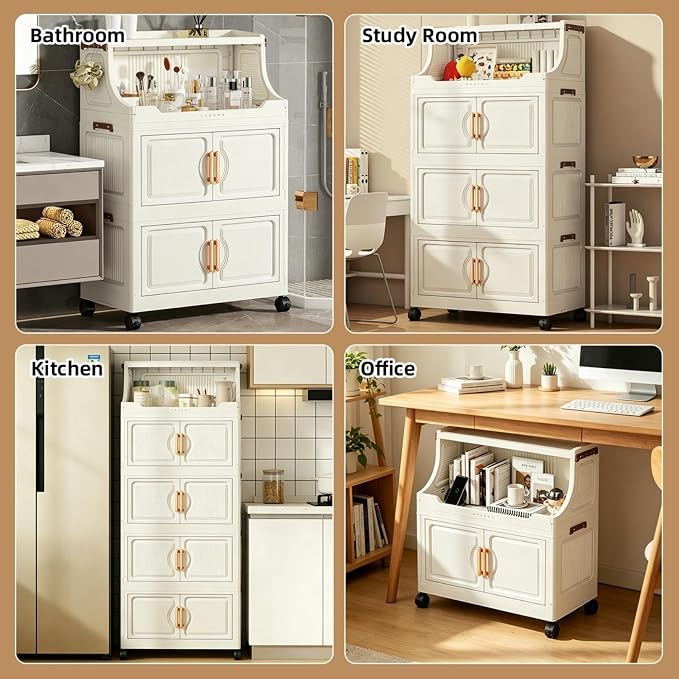 217QT Stackable Storage Bins with Lids & Rack, 5 Tier Large Capacity Foldable Storage Cabinet, Clear Collapsible Pantry Organizer for Home, Kitchen, Bathroom, Dorm, Office, White - Image 7
