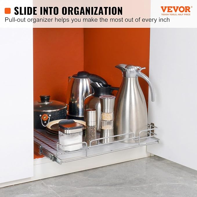 VEVOR 18.5"Wx21"Dx3.5"H Pull Out Cabinet Organizer, Heavy Duty Slide Out Pantry Shelves, Chrome-Plated Steel Roll Out Drawer, Drawer Storage for Home Under Sink, 20"Wx22"Dx7"H Install Size for Cabinet - Image 2