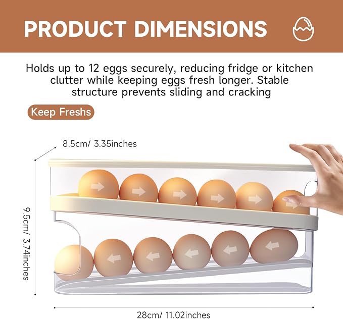 Rolling Egg Holder for Fridge, Egg Dispenser for Refrigerator, Automatic Rolling Storage Container for Countertop, Kitchen & Outdoor Use (3.35"x3.74"x11.02") 2 Pack - Image 2
