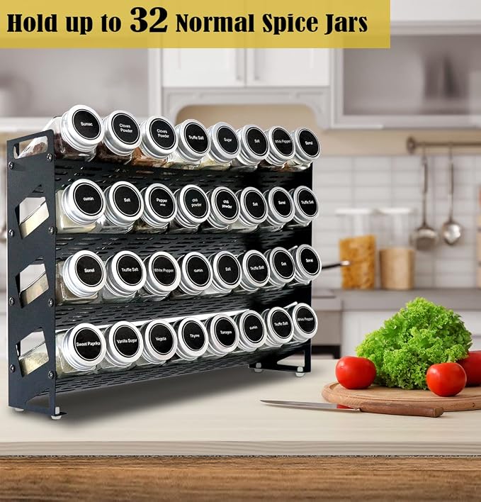 4 Tier Spice Rack Organizer with 32 Square Spice Jars and 160 Spice Labels Set for Kitchen Cabinet Countertop Pantry or Wall Mount, Matte Black - Image 2