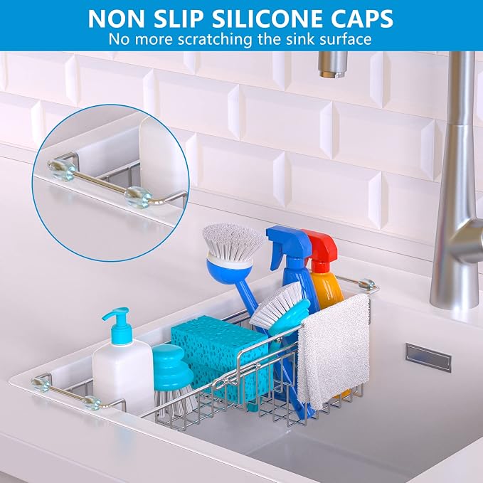 Dish Stands, Over The Kitchen Sink Caddy Sponge Holder Organizer Drying Rack Expandable for Sponge Brush Soap Dish Cloth Rag Smaller 12.25" to 17.25", Stainless Steel - Image 6
