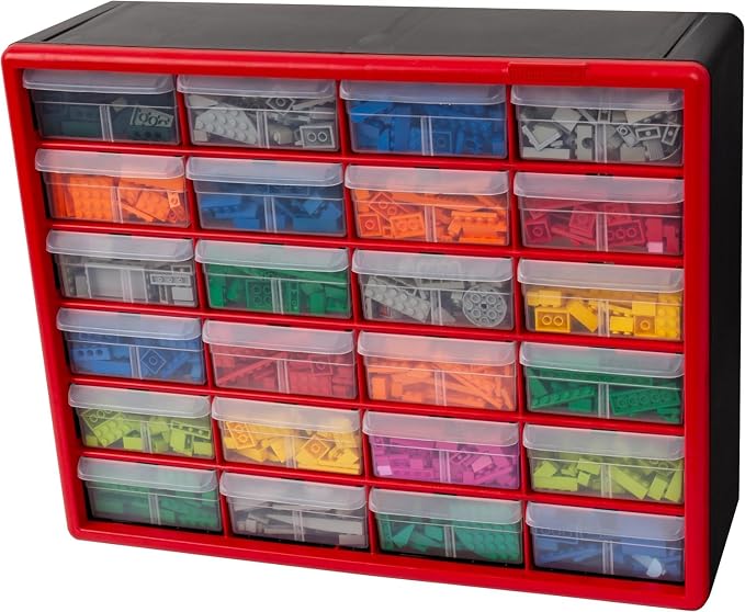 Akro-Mils 24-Drawer Plastic Storage Cabinet, 20"W x 6"D x 16"H, Red | Plastic Cabinet w/ Drawers for Garage Organization, Beads, Building Bricks Storage, Teacher Toolbox, Makeup Organizer, 10124 - Image 10