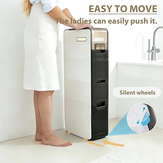 BGYMF 3-Tier Narrow Slim Bathroom Storage Cabinet,Movable,White | ABS and PP,with Wheels and Drawers,Large Storage Capacity,Water Resistant,Toilet Paper Holder,for Small Spaces - Image 6