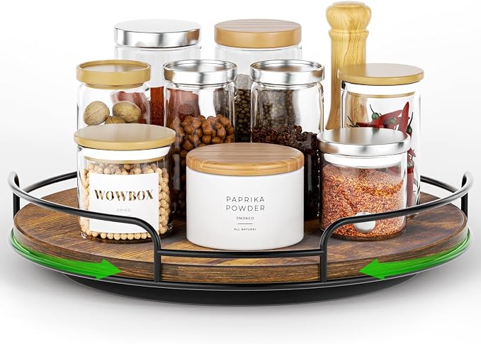 WOWBOX 12" Wood Lazy Susan Turntable Organizer for Cabinet, Pantry, Counter | Smooth 360° Rotation, Space-Saving Wooden Organizer for Spice Jars, Kitchen, Bathroom, Vanity & Tabletop by WOWBOX