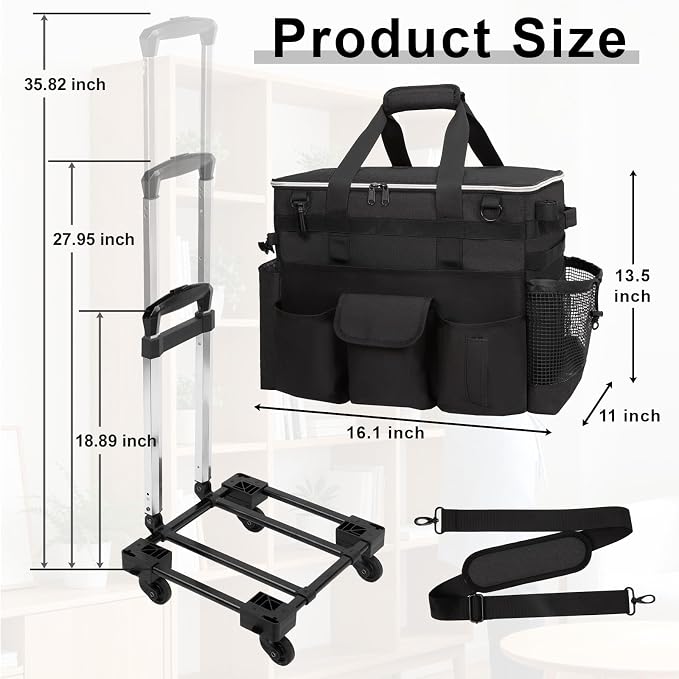 Large Rolling Cleaning Caddy with Wheels, Cleaning Supplies Organizer | With Detachable Trolley, Water-resistant Cleaner Cart for Housekeepers, Multi Pocket Cleaning Cart with Strap, Black - Image 2
