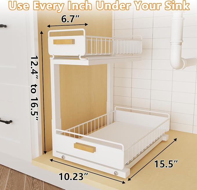 2 Pack Under Sink Organizer with Ball Bearing Sliding Drawer, Heavy Duty Pull Out Cabinet Organizer, 2 Tier Adjustable Storage Rack for Kitchen Bathroom, Space Saving Design, White - Image 7