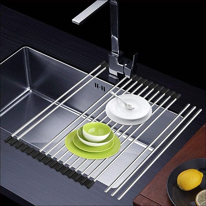 Roll up Dish Drying Rack Over The Sink Portable Stainless Still Rolling Rack Folding Mat for Kitchen Counter (Black, 17.7''LX11.8''W) - Image 5