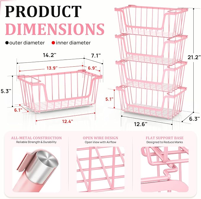 SUNALLY Stackable Storage Bins 6 Pcs Wire Baskets Freezer Organizer, Pink | Pantry Organizers Storage, Vegetable Fruit Storage Basket for Countertop, Kitchen Baskets for Onion Potato Snack Cans Storage - Image 2