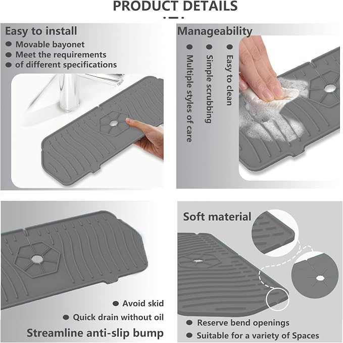 Kitchen Sink Splash Guard 29.7 X 5.7 In, Large Size Kitchen Sink Splash Guard, Silicone Sink Faucet Drying Mat, Faucet Mat Splash Catcher, Multipurpose For Kitchen Sink, Bathroom (Gray) - Image 4