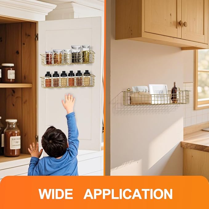 Spice Rack, 4-Pack Seasoning Organizer Wall Mount for Kitchen Storage Organization, Spice Holder Shelf Saving Space for Cabinet, RV, Pantry, Gold - Image 7