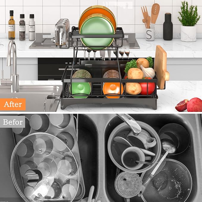 2-Tier Dish Drying Rack - Dish Rack with Auto Drain-to-Sink & Mat | Dish Racks for Kitchen Counter, Dish Drainer with Knife Fork & Cup Rack, Gifts for Women, Mothers Day, Kitchen Gadgets, Black - Image 3