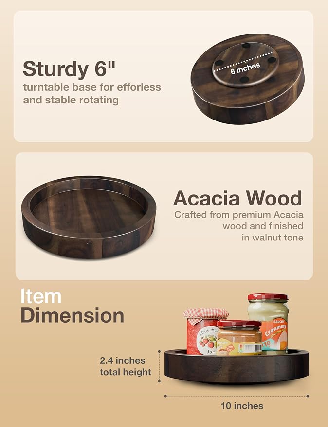 TIDITA 10" Rotating Wooden Lazy Susan Organizer for Cabinet (Walnut Color) | 360° Rotation, Solid Acacia Wood, Non-Skid Pads, Swivel Round Lazy Susans Turntable for Countertop, Decorative Tray & Board - Image 3