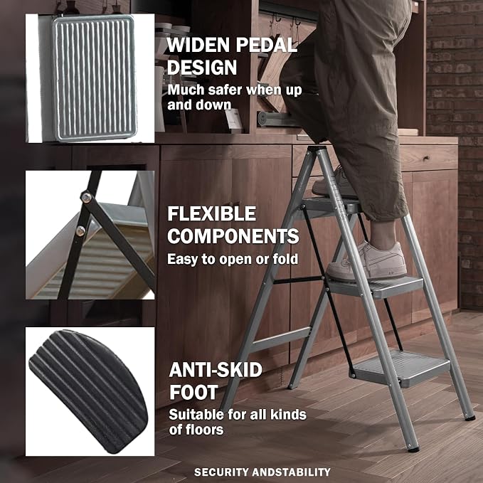 3 Step Ladder, Steel Folding Step Stool with 330lbs Heavy Duty | Anti-Slip Wide Pedal | 1.9" Slim Fold | Ideal for Kitchen Cabinets, Closet Organizing, Pantry Shelves & Plant Display - Image 6