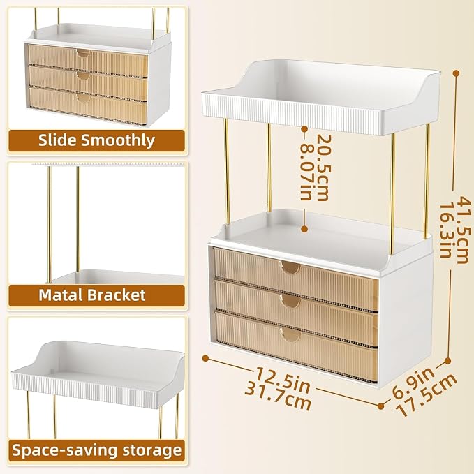 StorBin Arcylic 5-Tier Makeup & Skincare Organizer for Vanity, Bath | Smooth 3 drawers, clear body, gold frame, non-slip, for perfumes, serums, face masks, palettes, vanity & bath counter,Amber - Image 2