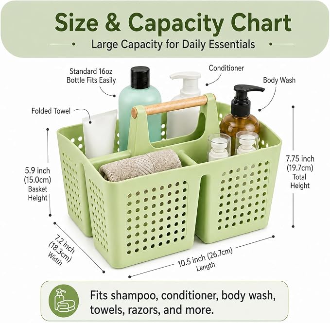 Portable Shower Caddy Basket with 3 Compartments and Handle, Grass Green | Plastic Divided Storage Caddy for Camping, RVs, Outdoor Showers, Bathrooms, Laundry Rooms and Cleaning Supplies - Image 2