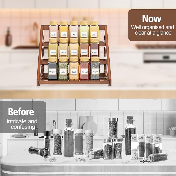Spice Rack - Tiered Spice Rack Organization for Cabinet - 3 Tier Bamboo Display Spice Shelf for Countertop - Image 2