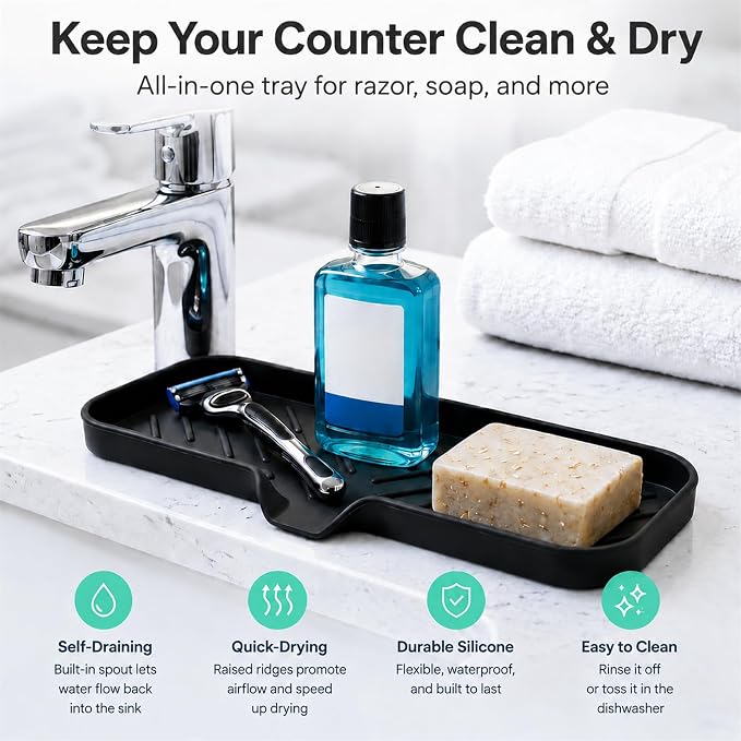 MicoYang Silicone Soap Dish with Drain Spout — Self-Draining Double Sink Organizer Tray for Kitchen & Bathroom, Dispensers, Sponges & Soap Holder, Non-Slip & Dishwasher Safe, Black (Large, 12"×4") - Image 8