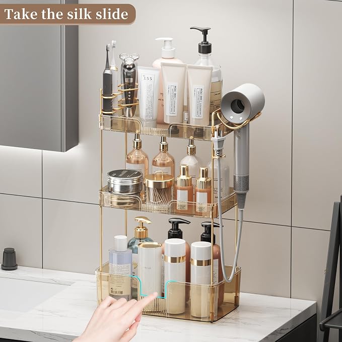 Akinbas 3 Tier Bathroom Organizer Countertop Makeup Perfume Tray Skincare Organizer Comes with Hair Dryer Rack and Toothbrush Holder for Bathroom Dresser Vanity (Gold) - Image 7