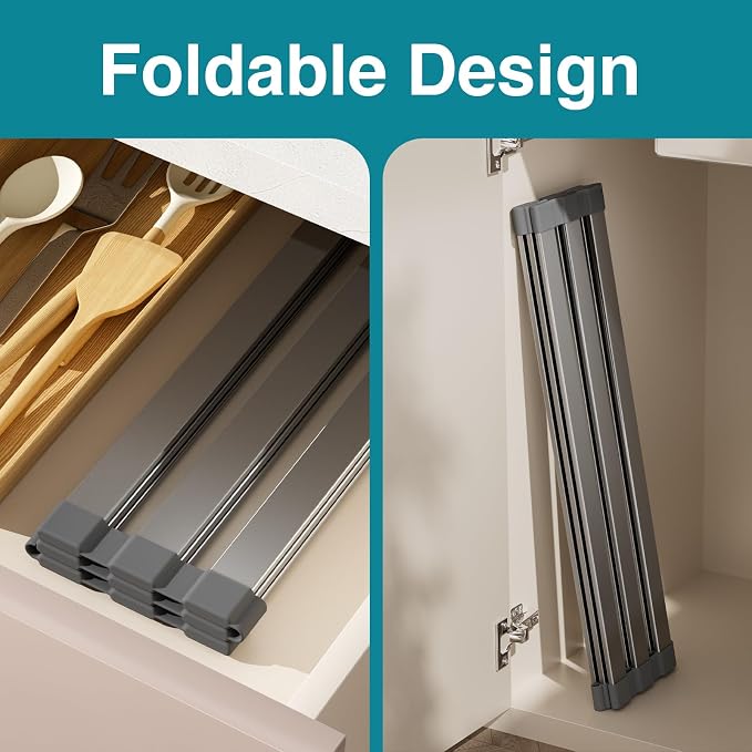 COOL-ANGLE Aluminum Roll Up Dish Drying Rack, 17.7x13.4 Inches, Matte Gray | Rust proof aviation aluminum, Heat resistant trivet up to 400F, Fits sinks up to 16.8 inches, Foldable for compact RV storage - Image 5