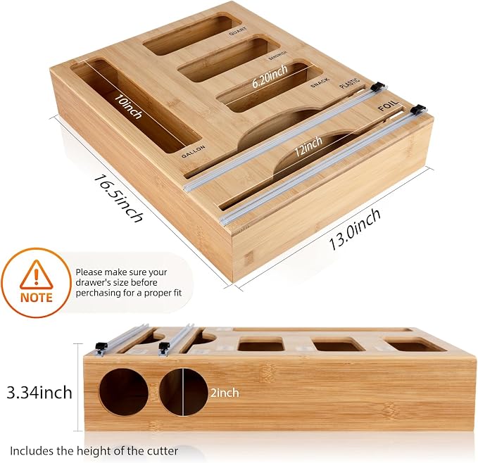 Storage Bag Organizer with Foil and Plastic Wrap Organizer , Aluminum Foil Dispenser with Cutter, Bamboo 6 in 1 Baggie Organizer Suitable for Gallon, Quart, Sandwich, Snack - Image 4