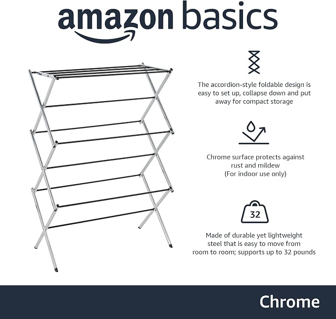 Amazon Basics Foldable Portable Metal Clothes Drying Rack for Indoor Air Drying, Energy Saving, 14.5 x 29.5 x 41.8 inches, Chrome Silver - Image 3