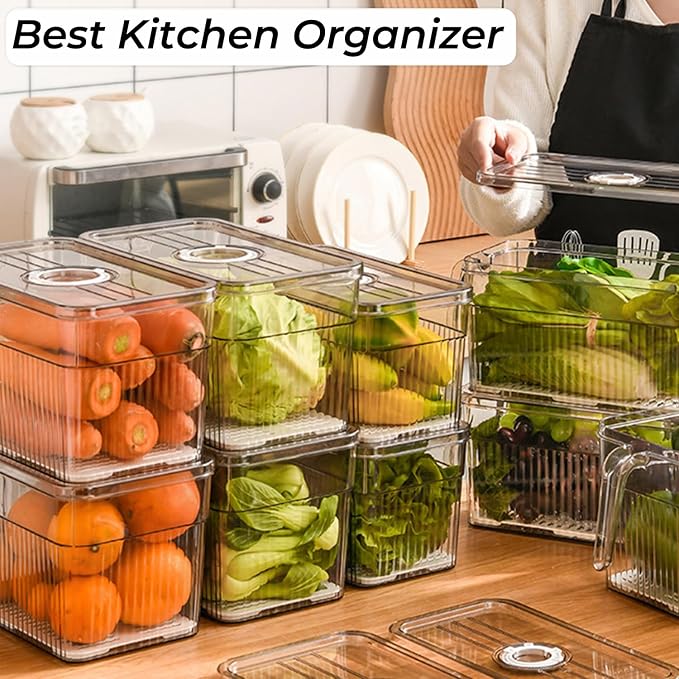 2 Pack Clear Refrigerator Organizers and Storage, Plastic Fridge Organizer Bins with Handle and Removable Drain Tray, Multi-Use Organizer Bins for Kitchen, Cabinets, Fridge, Drinks, Vegetable - Image 4