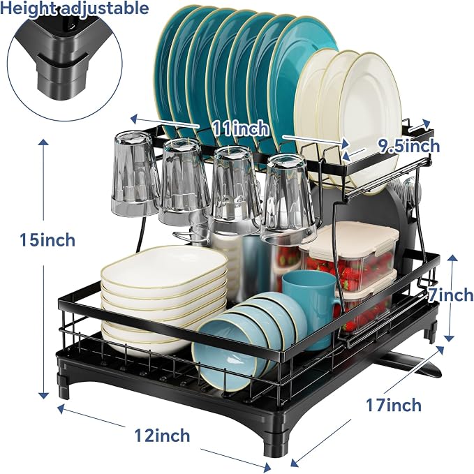 Simple Trending Dish Drying Rack, 2-Tier with Utensil Holder, Black | Stainless Steel Dish Rack for Kitchen Counter, Large Capacity Dish Drainer Organizer, Automatic Drainage, 17"D x 12"W x 15"H - Image 2
