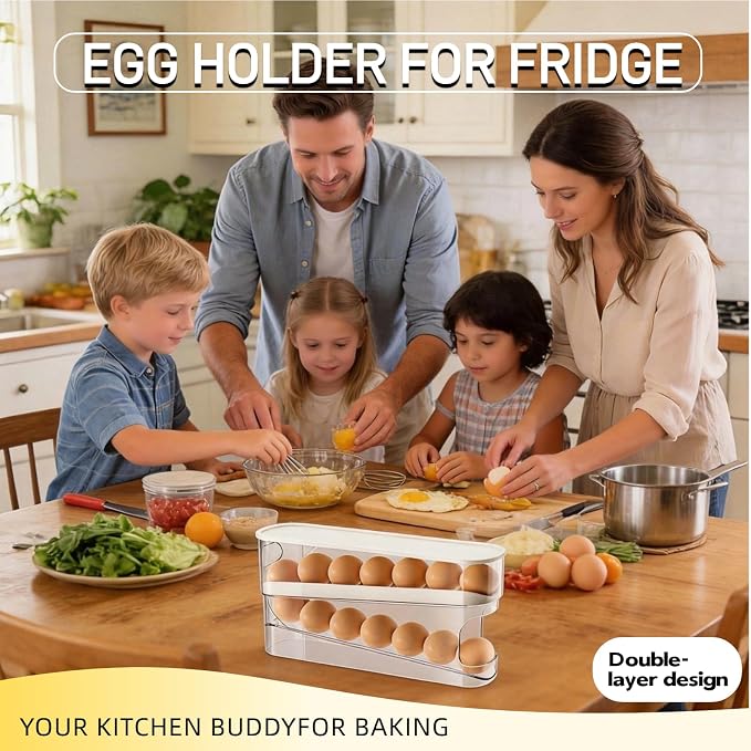 Egg Holder for Fridge, Space-Saving Automatic Rolling Egg organizer for refrigerator, 2-Layer Stackable Egg dispenser for refrigerator, Egg storage with Lid for Kitchen, Countertop, Dining Room - Image 5