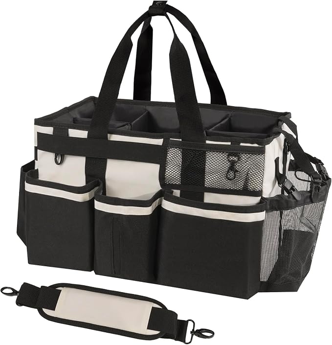 SCAVATA Wearable Cleaning Caddy, Cleaning Caddy Supplies Organizer with Handle & Shoulder Straps for Housekeepers, Under Sink & Car Cleaning Tool Organizers Bag with 4 Foldable Divider (Beige) by Tidyyourlife