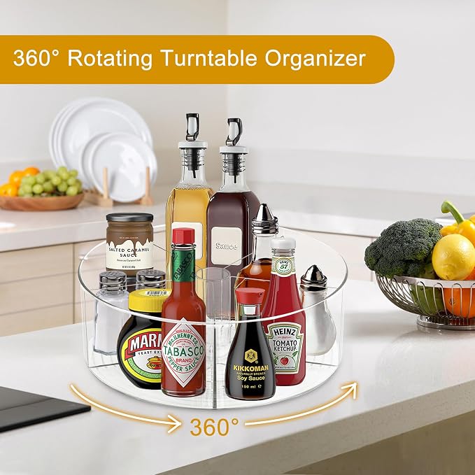 Large Lazy Susan Rotating Turntable Organizer with 5 Dividers - for Kitchen, Bathroom, Cabinet, Pantry, Fridge, Countertop, Vanity - Spinning Food Storage Container for Spices, Condiments-11.5", Clear - Image 3