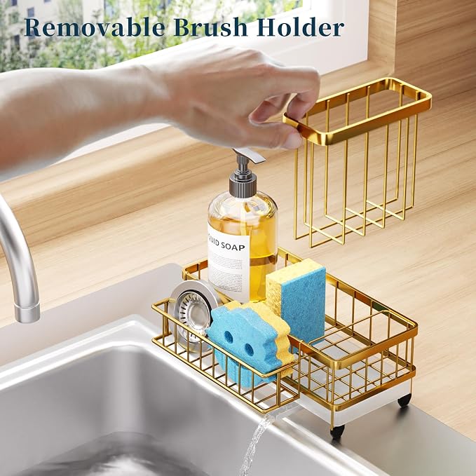 Consumest Sponge Holder for Kitchen Sink - Auto Draining Sink Caddy Organizer with Detachable Rack, High Brush Holder, Kitchen Countertop Storage Accessories, Gold - Image 3