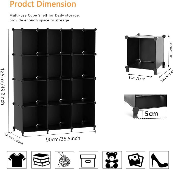 AWTATOS 12 Cube Storage Organizer, Closet Organizer Storage Shelves, Black | Portable Closet, DIY Stackable Storage Cubes Shelve, Plastic Clothes Organizer Shelving for Home, Bedroom - Image 3